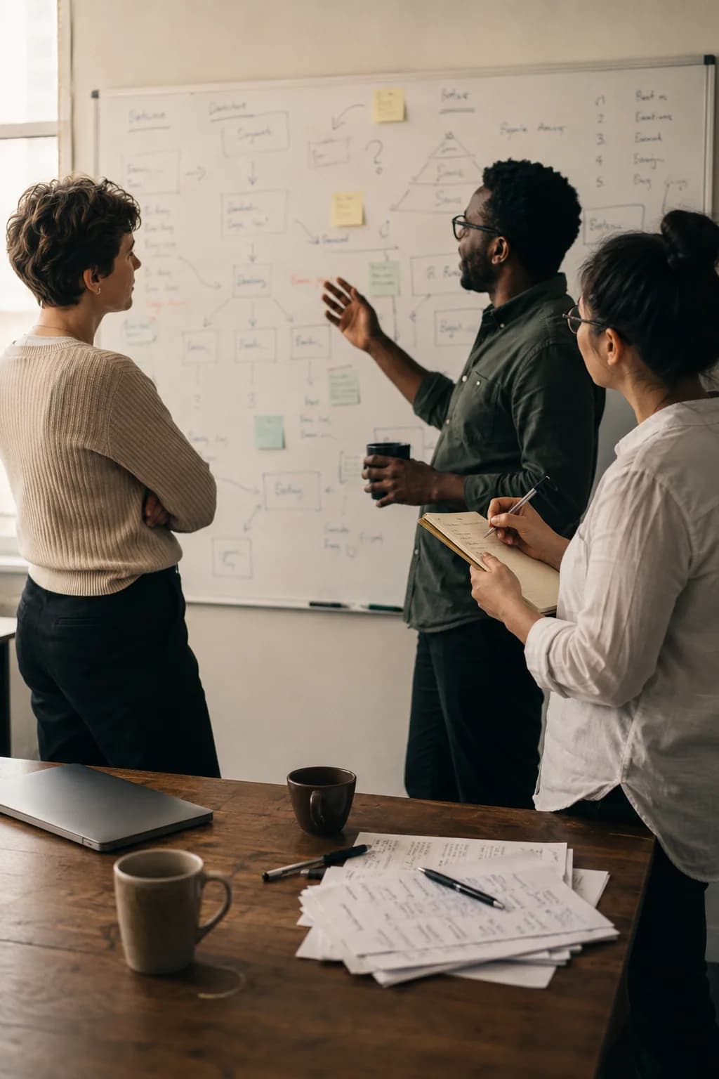 Three organizational leaders discussing priorities and workflow at a whiteboard while a closed laptop rests on the table.