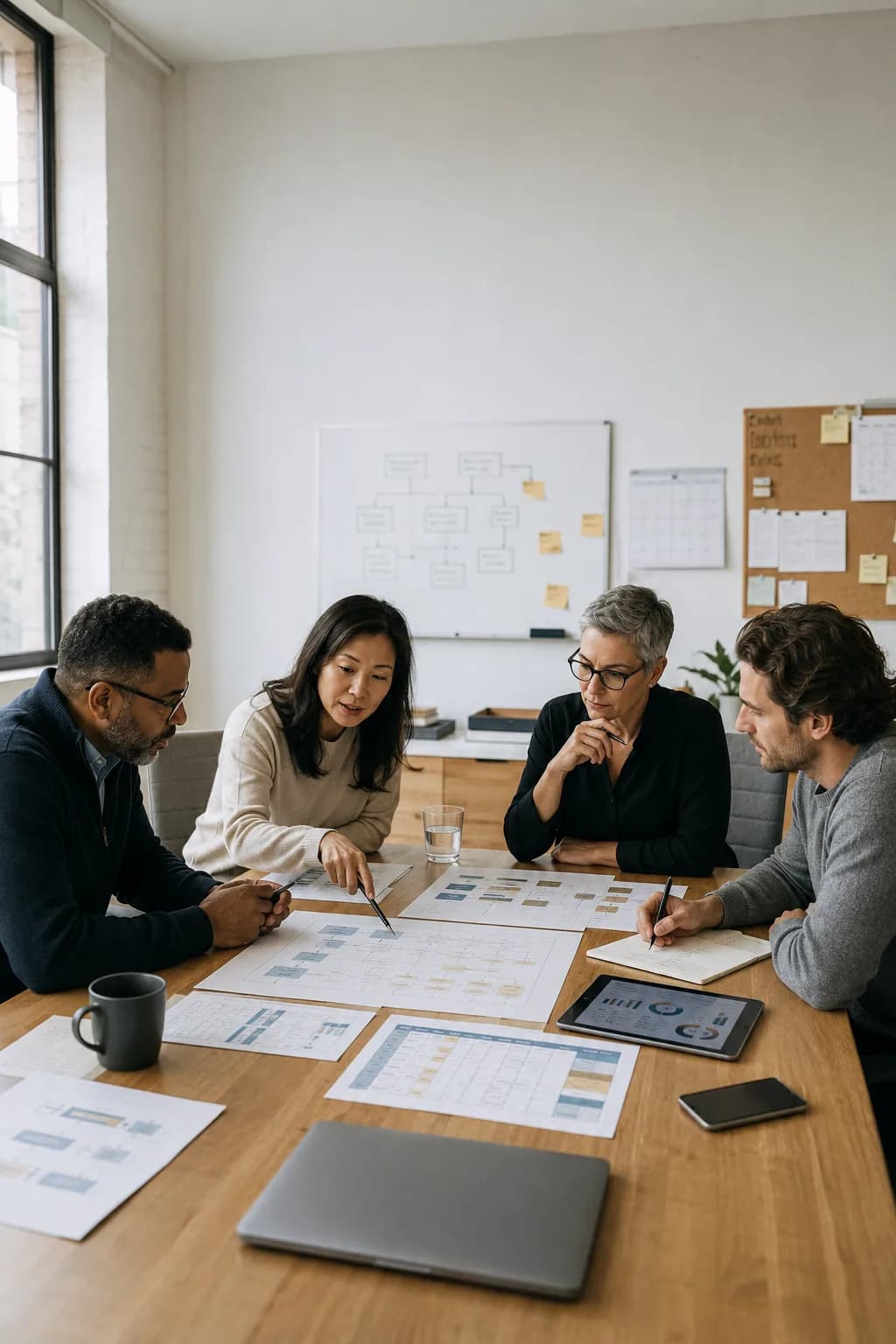 Four organizational leaders reviewing printed workflow documents around a table with a closed laptop nearby.