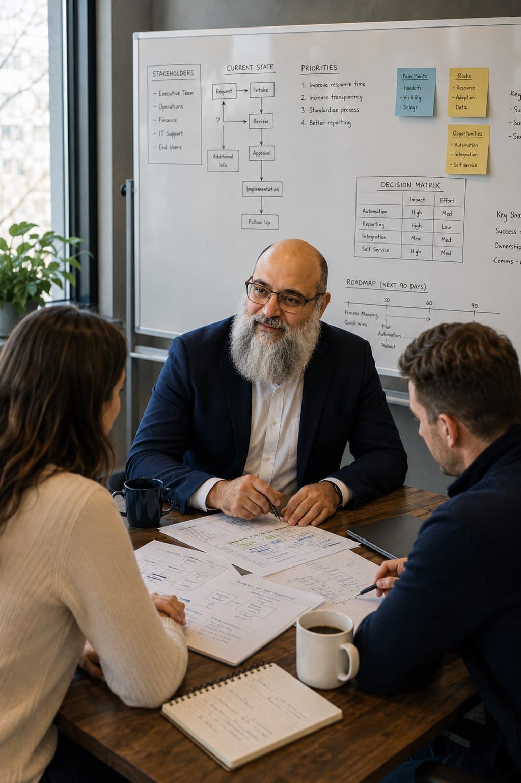 Senior Avenier advisor working with two organizational leaders around process diagrams and a strategic planning whiteboard.